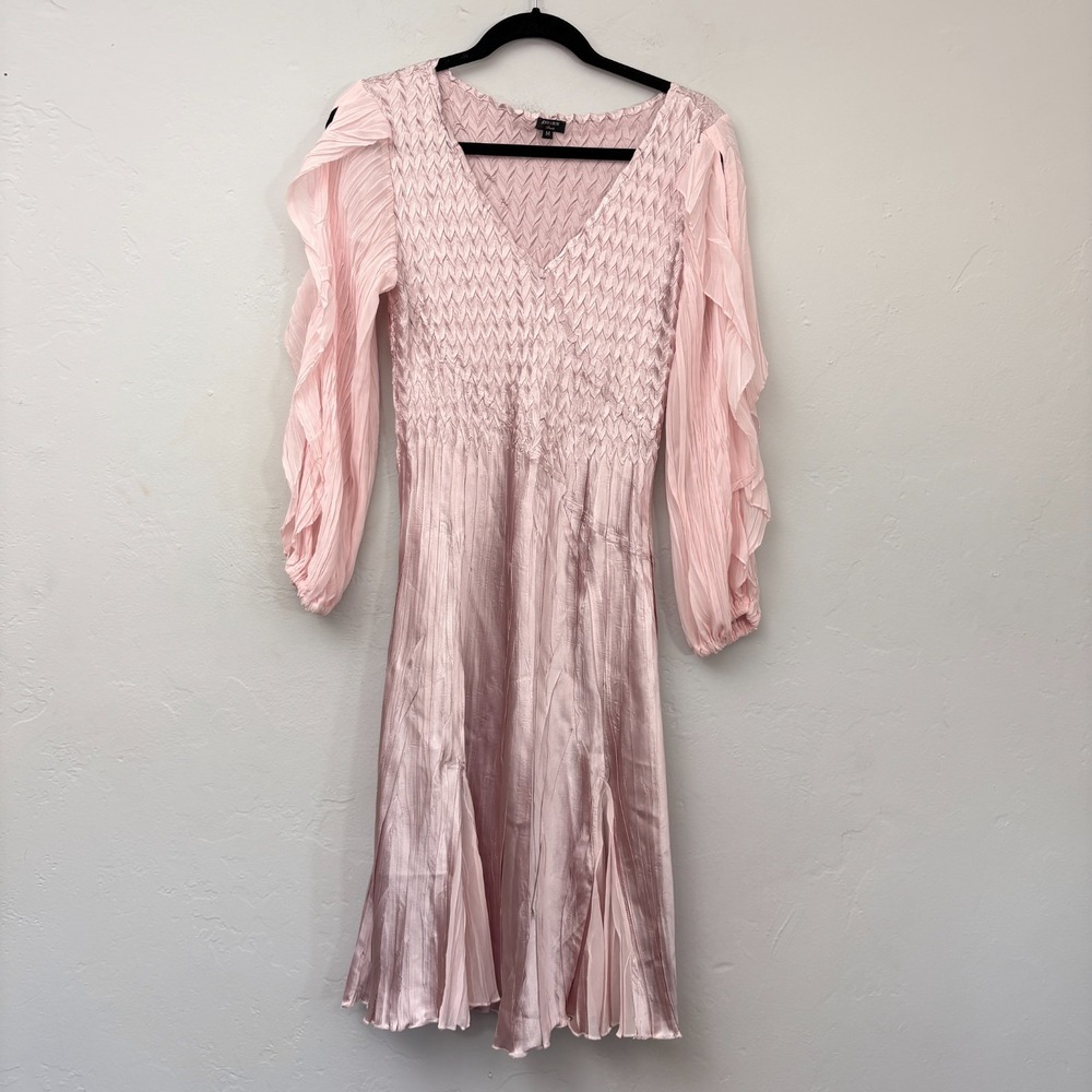 Komarov Crinkle Dress Women Size Medium LIght Pink Metallic Long Sleeve Midi